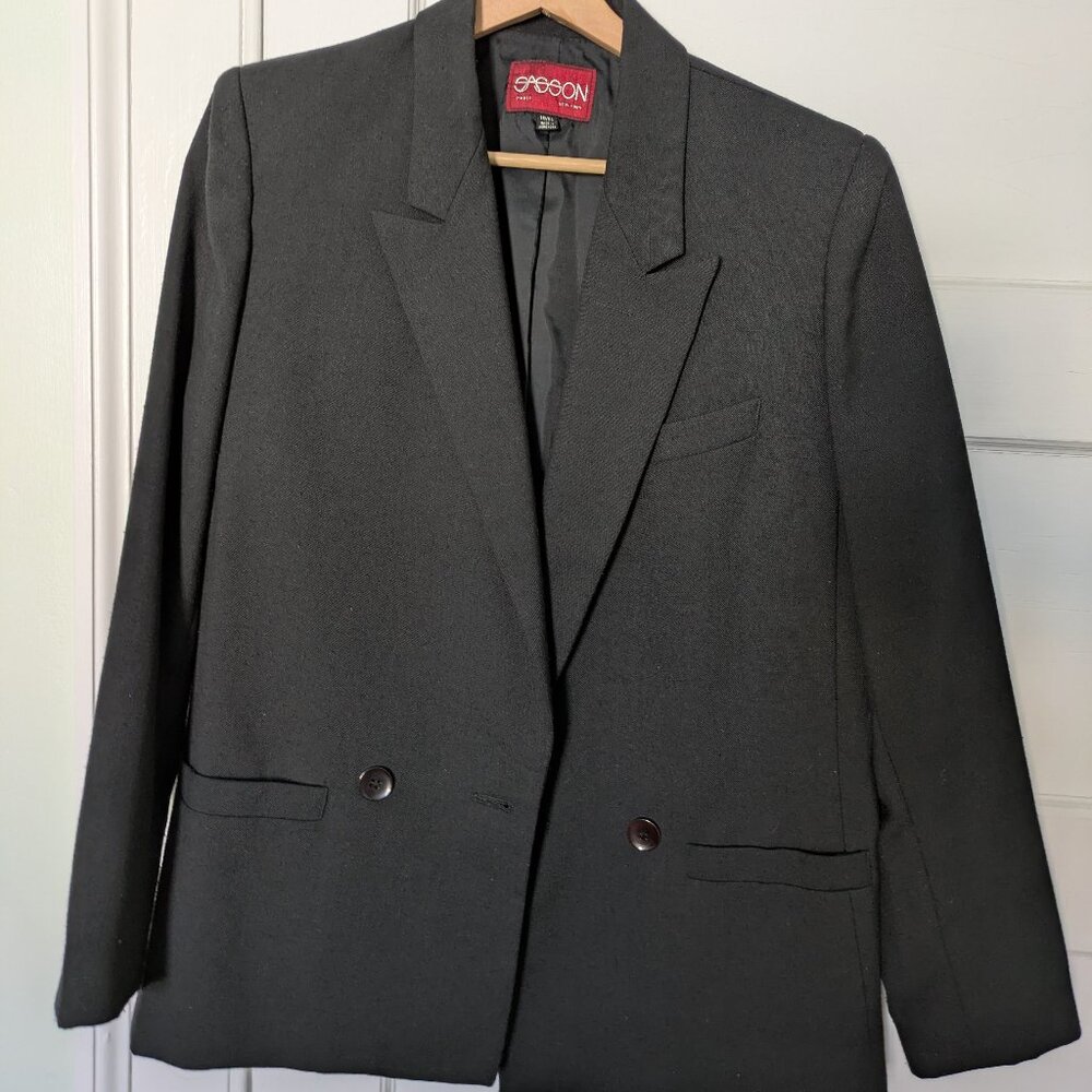 Vintage Sasson Blazer Black Double-Breasted Poly Blend Size 10/11